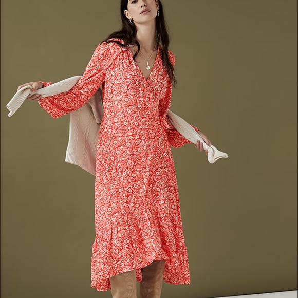 Per Una V Neck Wrap Ditzy Print Floral Red Long Sleeve Midi Dress Size 10 - Picture 4 of 12